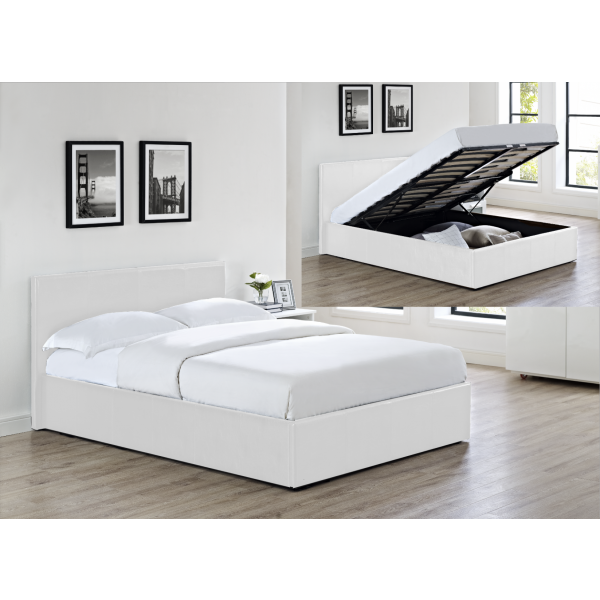 LUNA 5FT Kingsize Faux Leather Ottoman Storage Bed in White