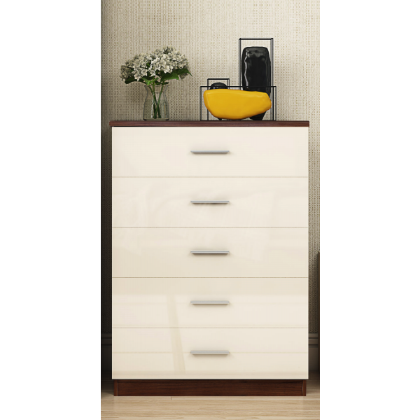 REFLECT 5 High Gloss Drawer Chest of Drawers in Cream / Walnut